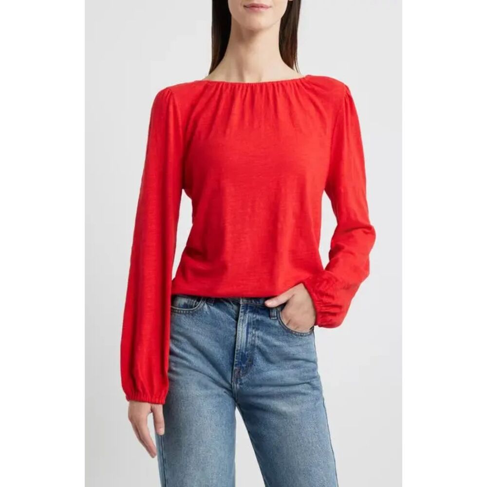 Caslon Gathered Neck Top Long Sleeve Tee Red Goji Size Large
